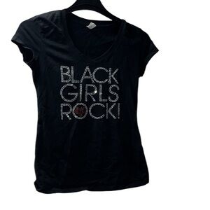 Black V-Neck T-Shirt with Rhinestone Design
